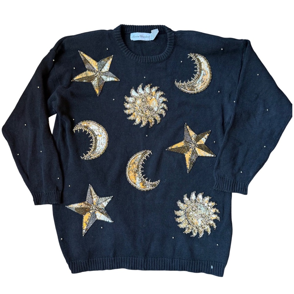 VTG Marisa Christina Knit Sweater Celestial Sun Moon Large Black Hold Oversized